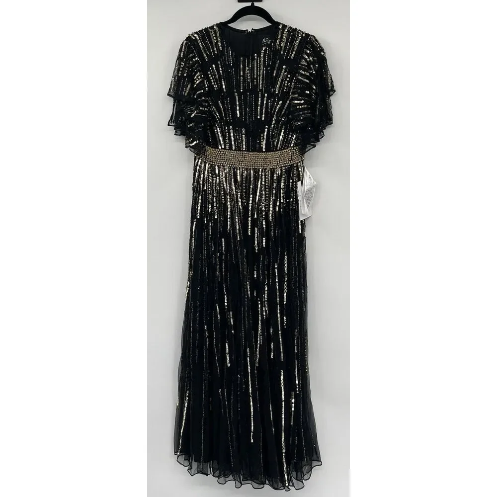 Mac Duggal 93582‎ Flare Sleeve Embellished Dress Black Gold Cap Sleeve - flaws - Picture 4 of 11